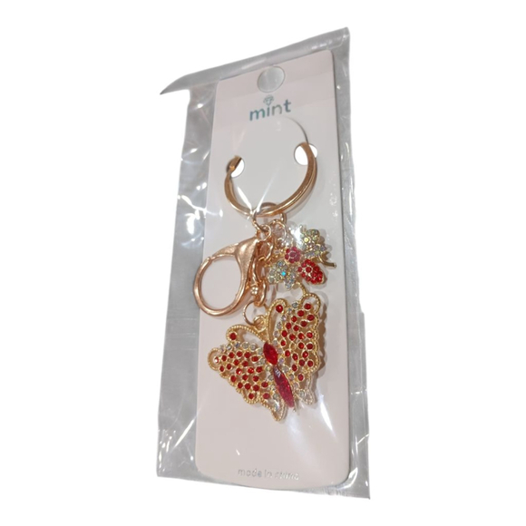 Beautiful Ruby Rhinestone Butterfly Bumblebee Gold Tone Keychain Purse Charm - Picture 8 of 9